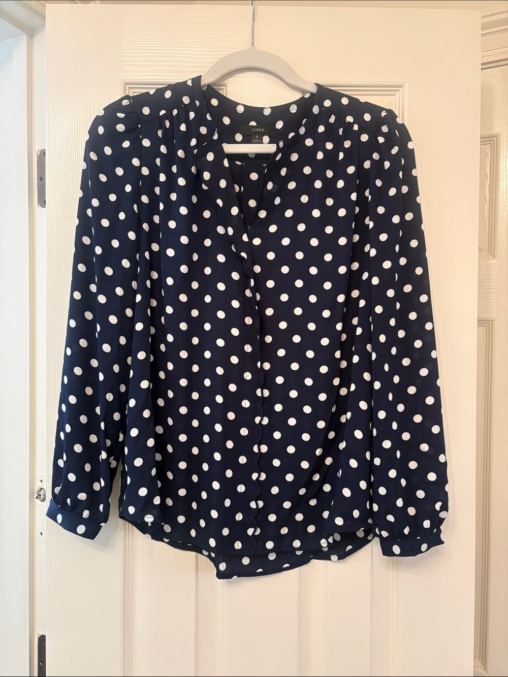 J. Crew Navy and White Polka Dot Button-Down Blouse